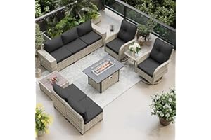 Muphyers 10-Piece Outdoor Patio Furniture Set with Rocking Swivel Chair, PE Wicker Rattan Sectional Sofa Patio Conversation Set with 55,000 BTU Fire Pit Table & Coffee Table, Dark Grey