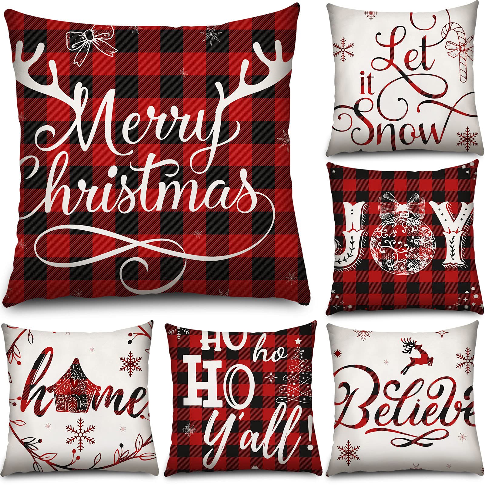 Photo 1 of (USED) Tatuo 6 Pieces Christmas Pillow Covers 18 x 18 Inch Buffalo Plaid Cushion Case Christmas Pillow Case Holiday Throw Pillow Cover for Xmas Winter Sofa Couch Bedroom Decorations (Red, Black)