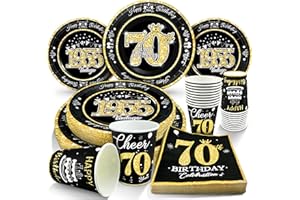 algpty 70th Birthday Decorations Plates and Napkins Black and Gold, Service for 30, Vintage 1955 Birthday Party Bundle Includes Black Gold Plates, Napkins, Cups 70th Birthday Supplies for Men Women