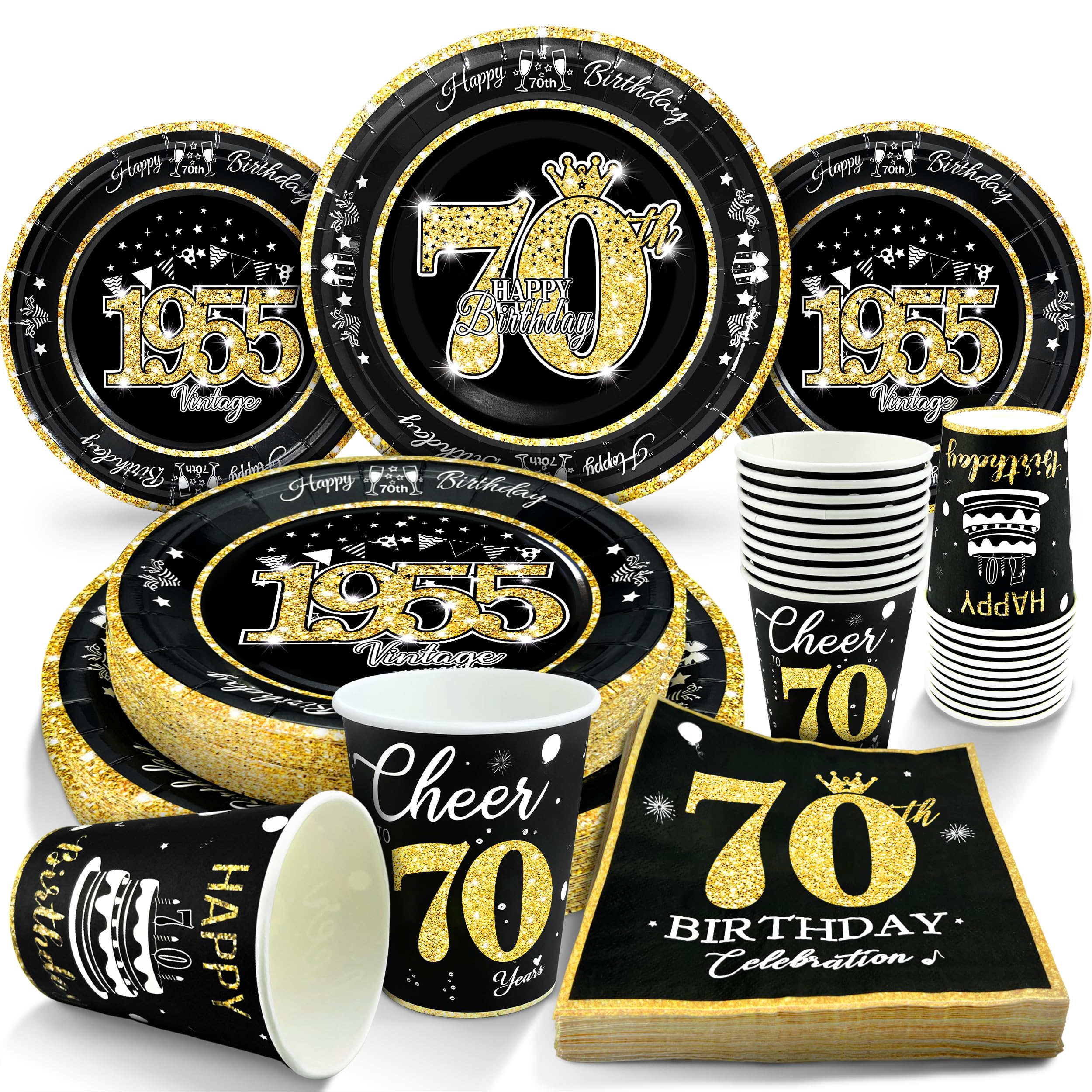 Photo 1 of (missing few)algpty 70th Birthday Decorations Plates and Napkins Black and Gold, Service for 30, Vintage 1955 Birthday Party Bundle Includes Black Gold Plates, Napkins, Cups 70th Birthday Supplies for Men Women