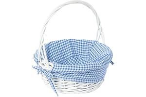 WICKERWISE White Round Willow Gift Basket, with Blue Gingham Liner and Handle - Small