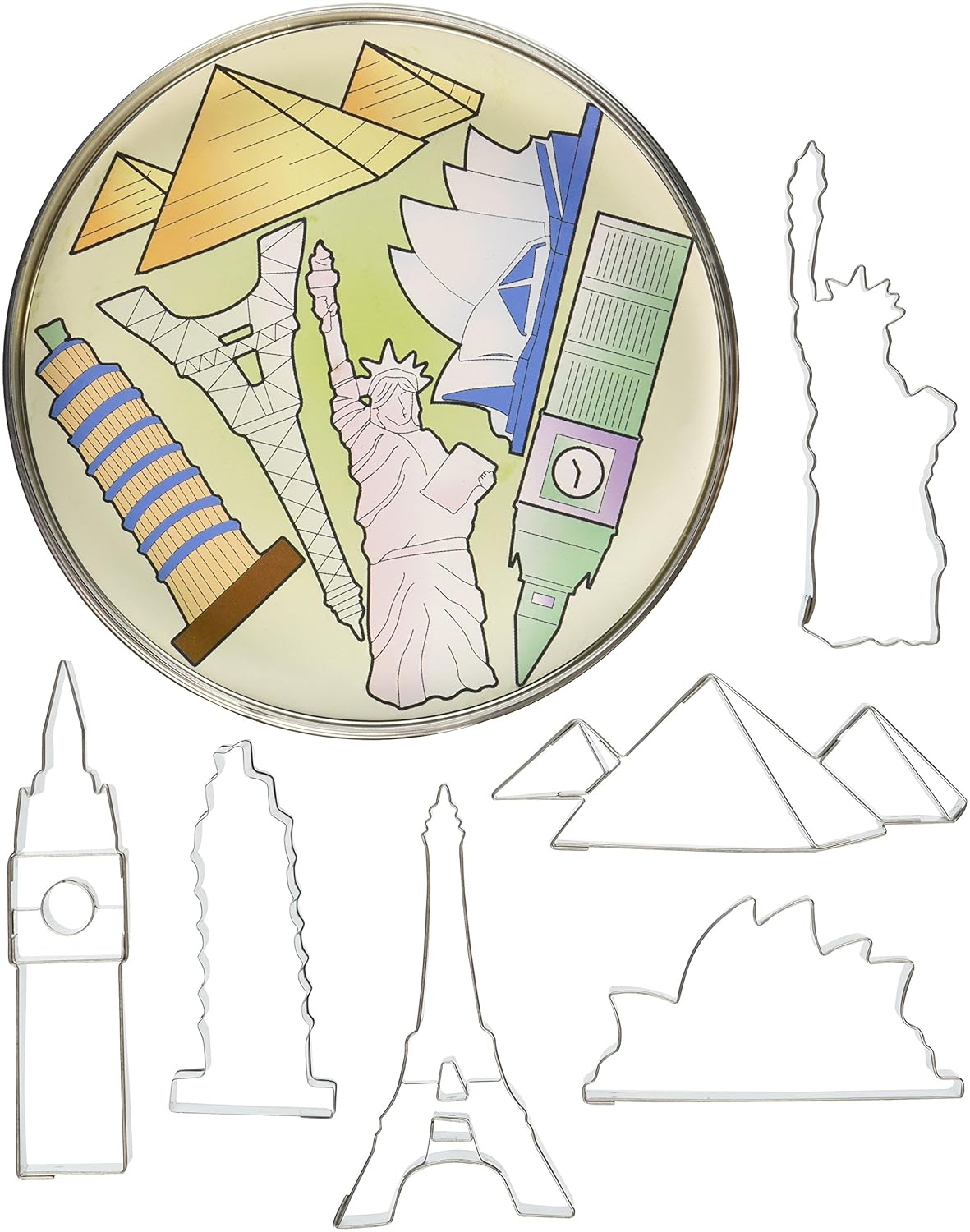 R&M International 1875 Landmarks Cookie Cutters, Big Ben, Sydney Opera House, Statue of Liberty, Pyramid, Eiffel Tower, Tower of Pisa, 6-Piece Set