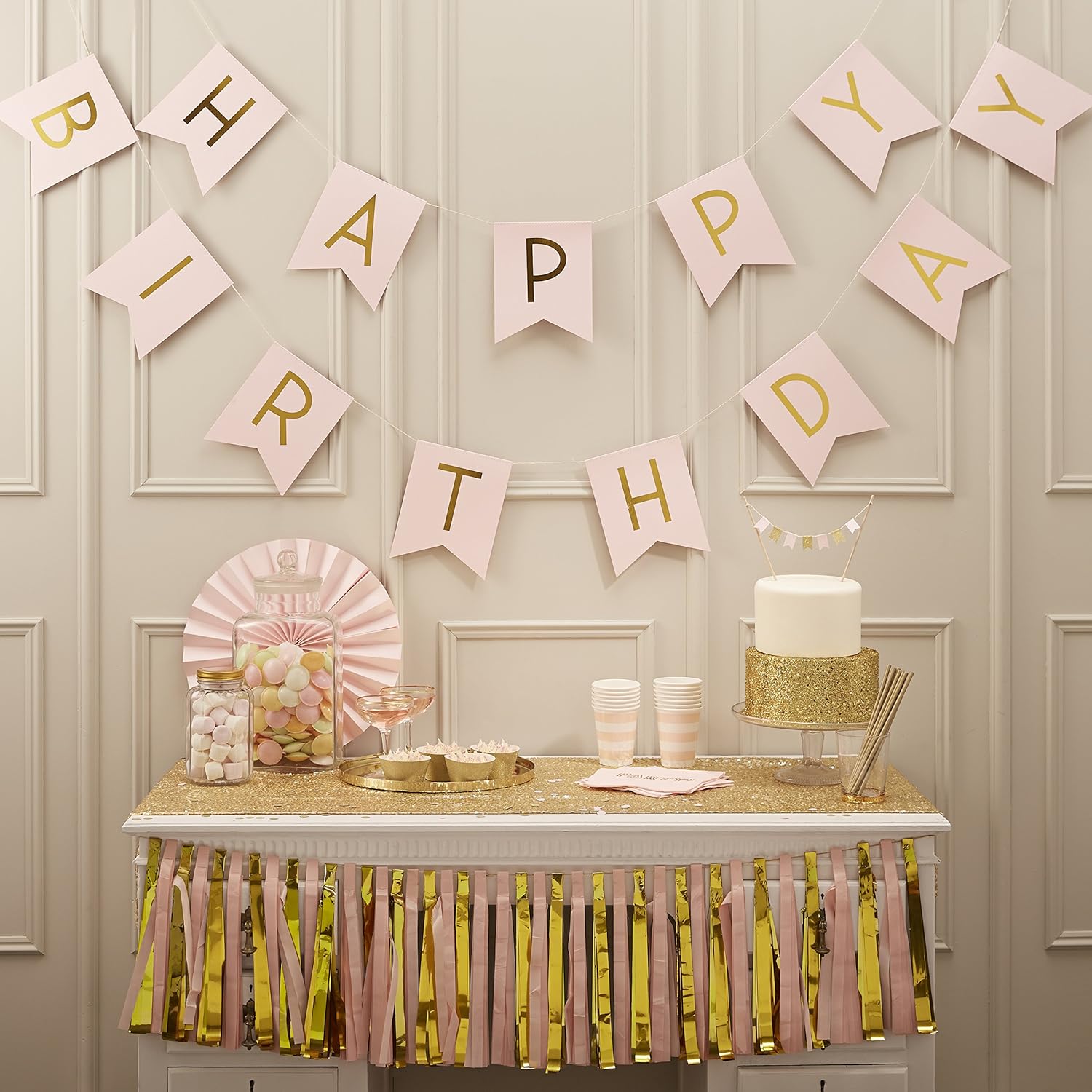 Rose Joyeux Anniversaire Dejouee Bunting Pastel La Perfection Lieu De Deco Parti Banniere