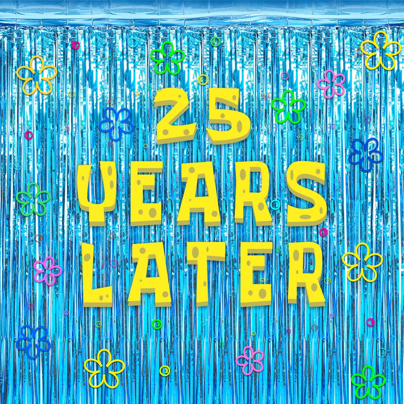 Photo 1 of Cartoon Sponge Birthday Party Decorations Years Later Banner Blue Foil Fringe Curtain Backdrop and Flowers Wall Decals for for Photo Prop Themed Party Supplies