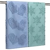 Remagr 2 Pcs Winter Snowflake Bathroom Hand Towels 100% Cotton 29.5 x 13.7 Inch Blue and Green Christmas Glove Jacquard Weave Bath Towel for Kitchen Gifts Decor for Christmas