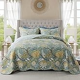NEWLAKE Cotton Bedspread Quilt Sets-Reversible Patchwork Coverlet Set, Green Floral Pattern, King Size