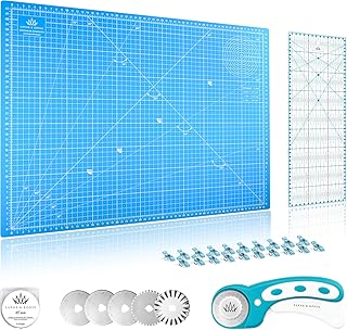 Lange & König A2 Rollschneider Set Inkl. A2 Schneidematte, Rollschneider, 5 Ersatzklingen, Patchwork-Lineal + 20 Stoffklammern als Nähzubehör