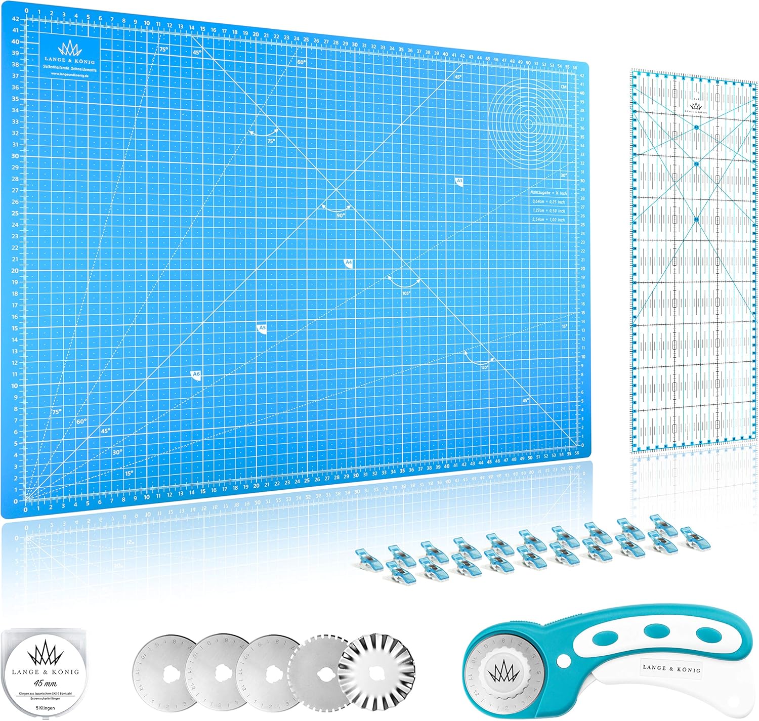 Lange & König A2 Rollschneider Set Inkl. A2 Schneidematte, Rollschneider, 5 Ersatzklingen, Patchwork-Lineal + 20 Stoffklammern als Nähzubehör