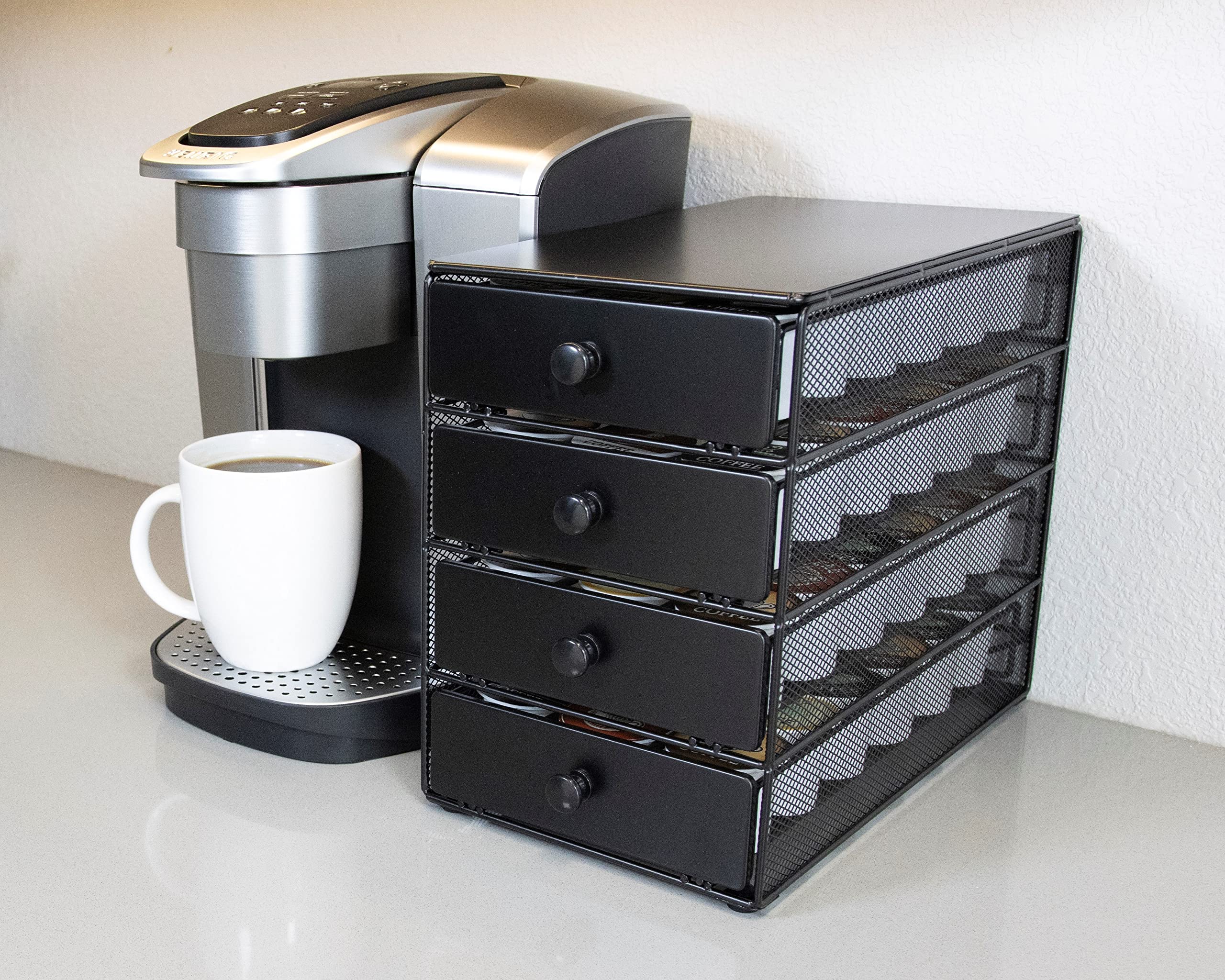 Nifty Coffee Pod Drawer – Black Satin Finish, Compatible with K-Cups, 72 Pod Pack Capacity Rack, 4-Tier Holder, Super-Sized Storage, Stylish Home or Office Kitchen Counter Organizer