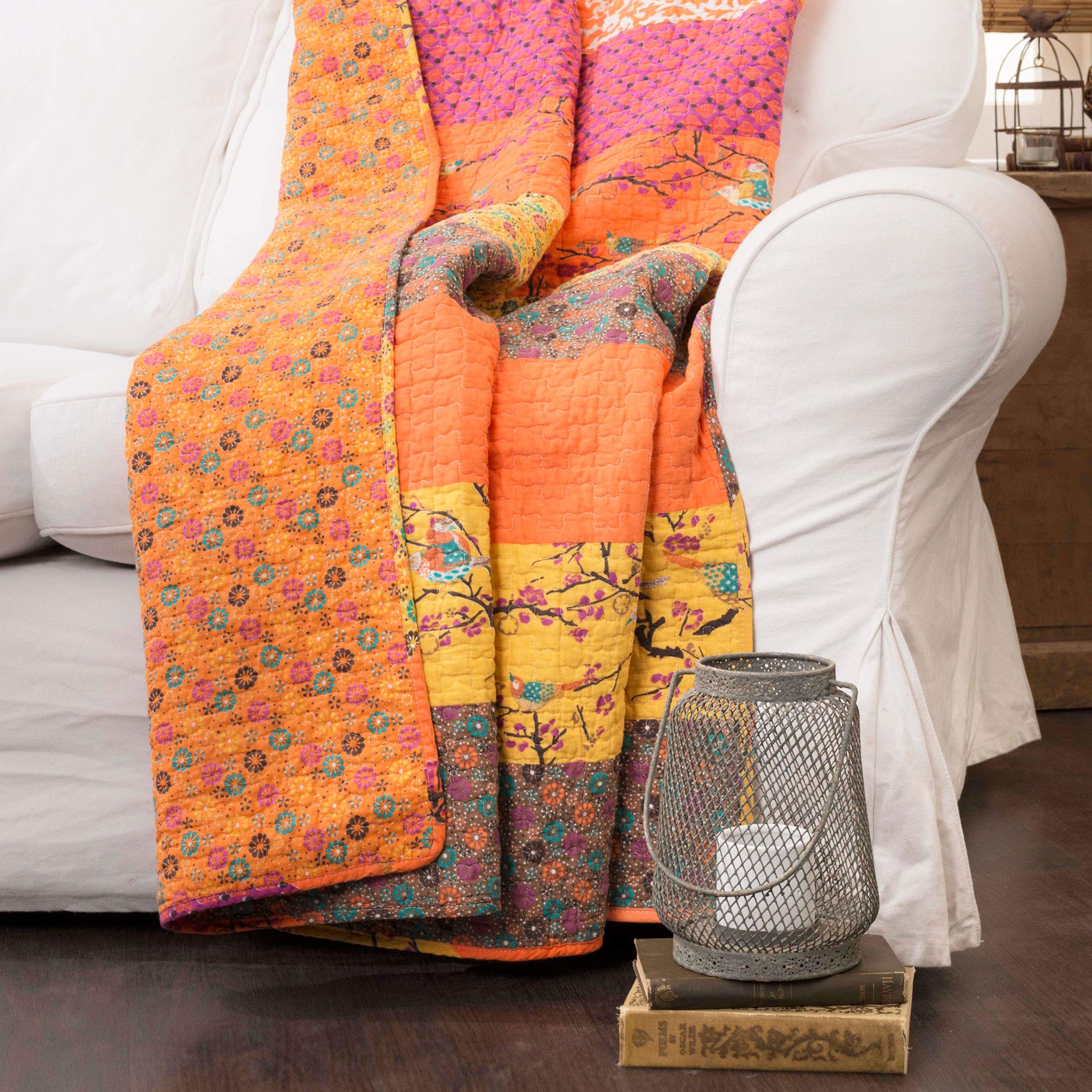 Lush Decor Royal Empire Reversible Cotton Throw Blanket, 50" W x 60" L, Tangerine - Throw Blankets for Bed - Couch Blanket - Boho Throw Blanket for Couch