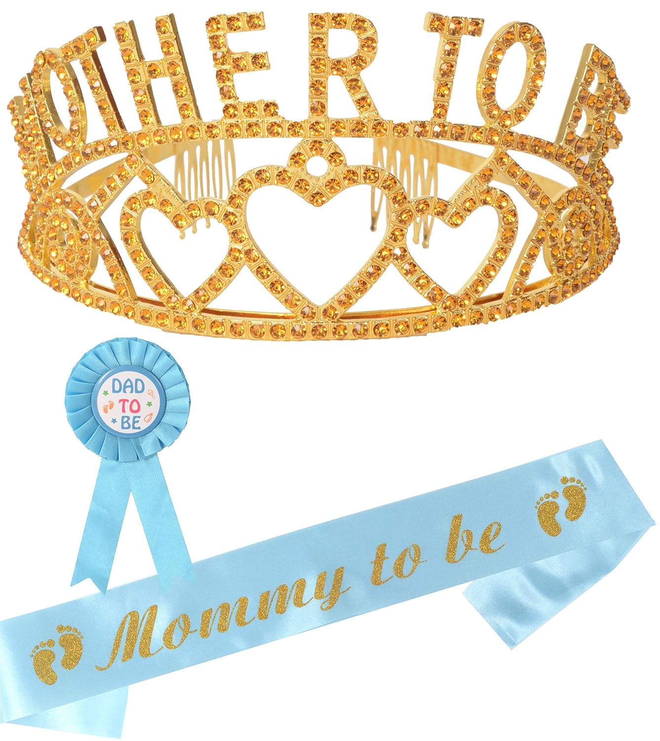 Mother to Be Tiara Gold Hearts Crown | Mom to Be Sash | Dad to Be Pin | Baby Shower Party Favors Decorations Gift Boy or Girl | Gender Reveals Party Gifts |Great Mothers Day Gift for New Mom (Gold)
