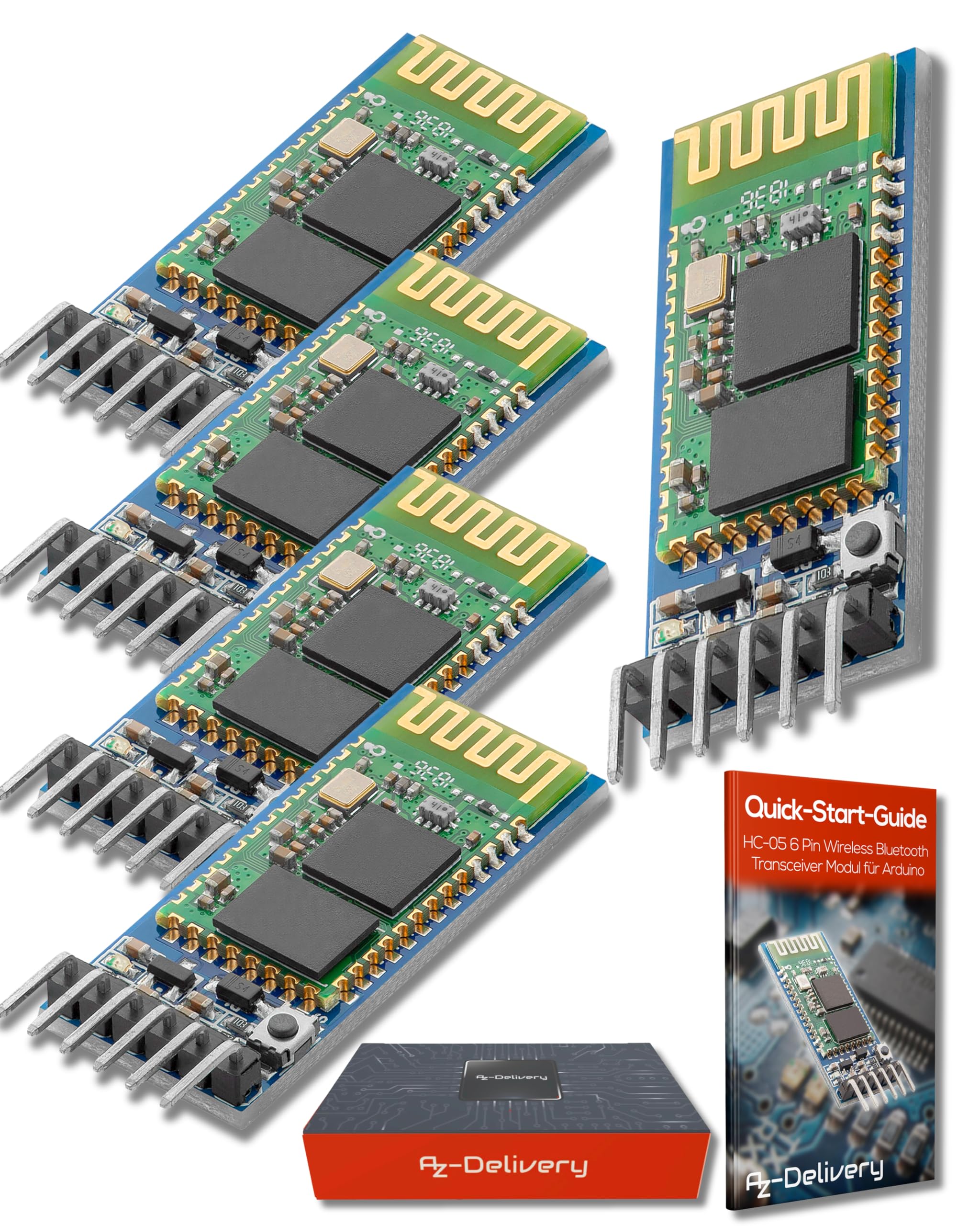 AZDelivery HC-05 Wireless Serial Bluetooth RF Transceiver Pass-Through RS232 Communication Port Module HC05 6 Pin Master-Slave Extender Plate compatible with Arduino Including E-Book! (Pack of 5)