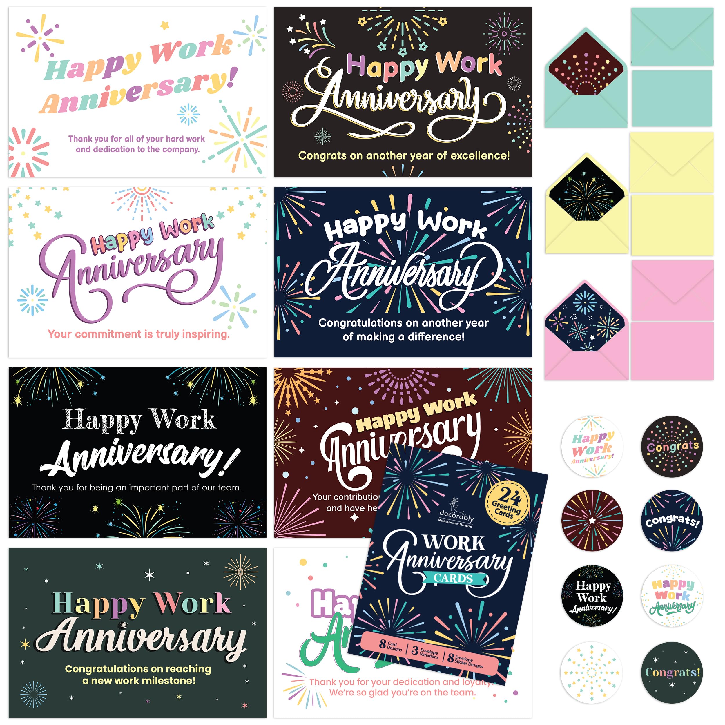 Decorably 24 Pack 6x4in Happy Work Anniversary Cards for Employees with Envelopes and Stickers, 8 Fireworks Designs Happy Work Anniversary Card Set, Blank Inside