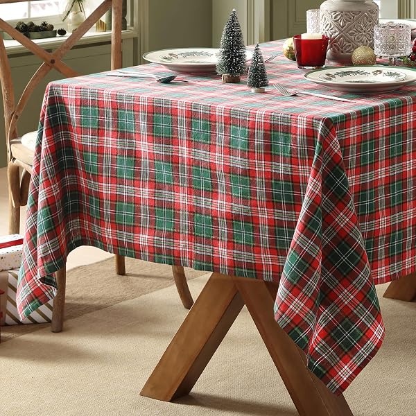 HOME BARGAINS PLUS RUDOLPH PLAID FABRIC TABLECLOTH, 60 X 120 INCH RECTANGLE, TRADITIONAL RED AND GREEN CHECK PATTERN, COTTON BLEND HOLIDAY TABLE COVER FOR CHRISTMAS DINING AND WINTER DECOR