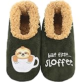 Snoozies Pairables Sherpa-lined Slipper Socks - Fuzzy and Cute Slippers for Women with Non-Slip Sole - Ladies Warm Slippers - But First Coffee - Small