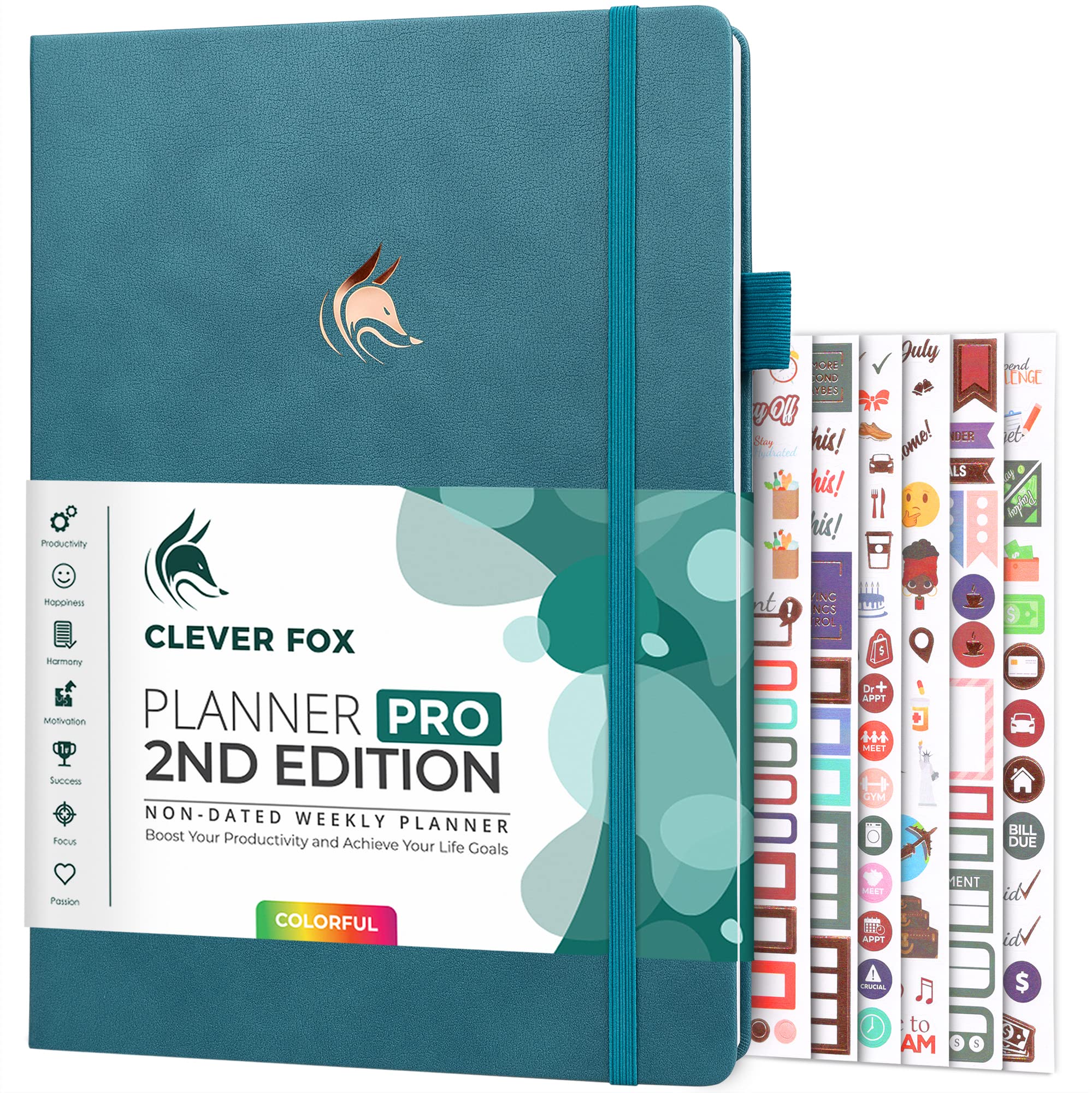 Clever Fox Planner PRO 2nd Edition – Undated Weekly Agenda for Tasks & Time Management – Life Organizer with To-do List, 21.5x28cm (Dark Teal)