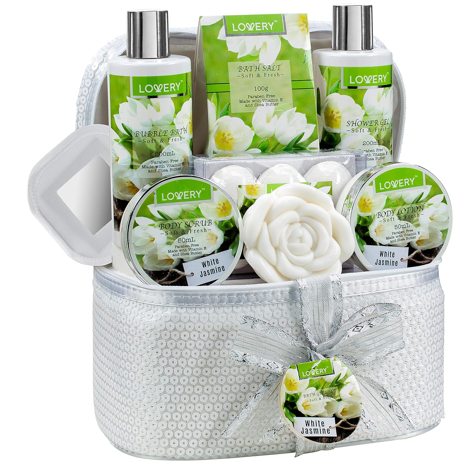 Bath and Body Gift Basket For Women & Men – 14 Piece Set in White Jasmine Scent - Home Spa Set with 6 Bath Bombs, Body Lotion, Rose Soaps, Hand Crafted White Sequined Cosmetics Bag and More