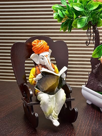 Karigaari Ganesha Resting on Rocking Chair Polyresine Idol (21.21 cm x 15.8 cm x 13.21 cm)