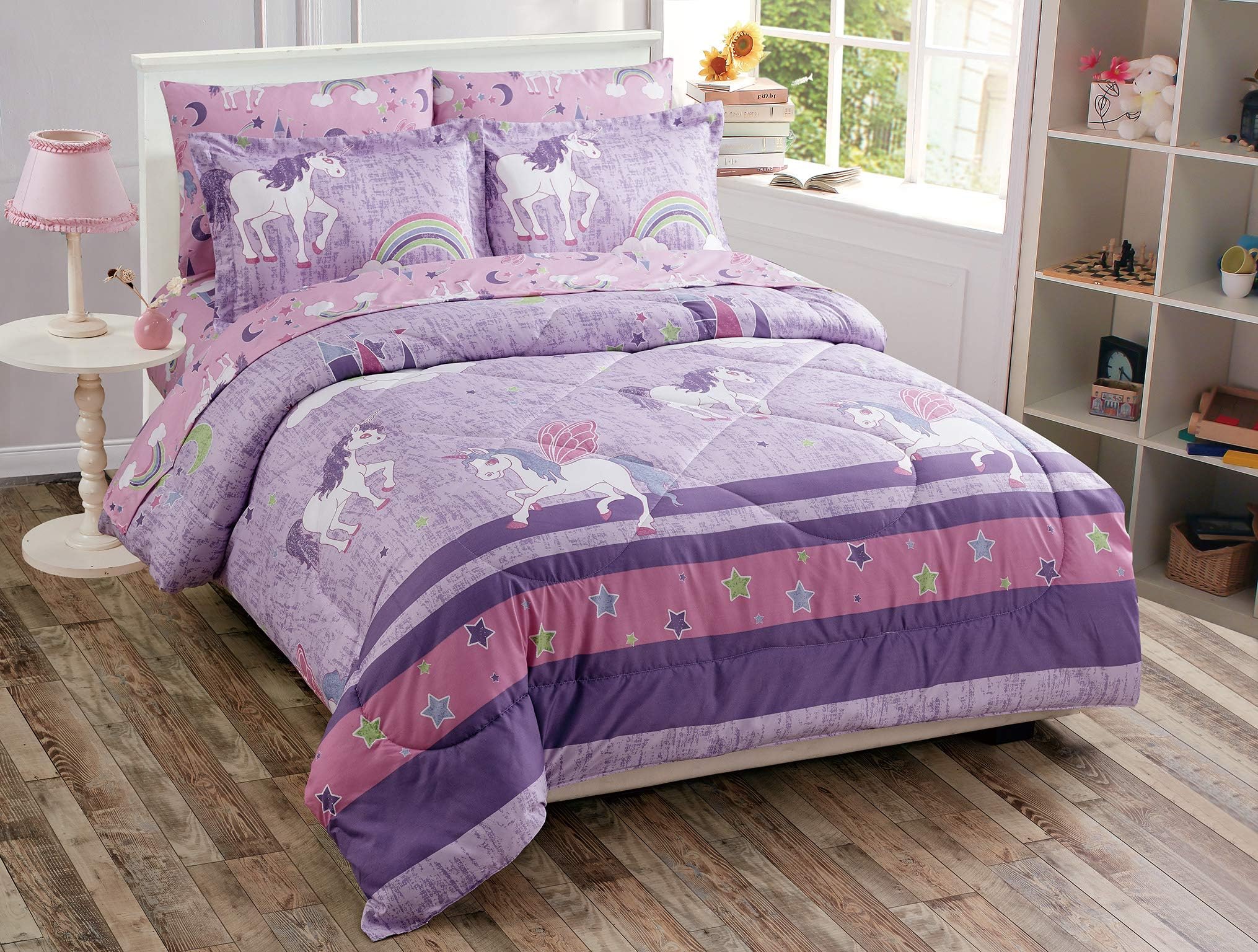Luxury Home Collection 7 Piece Queen Size Comforter Set for Girls/ Teens Unicorn Castle Rainbow Clouds Moon Shining Stars Lavender Pink Blue Yellow (Queen Comforter)