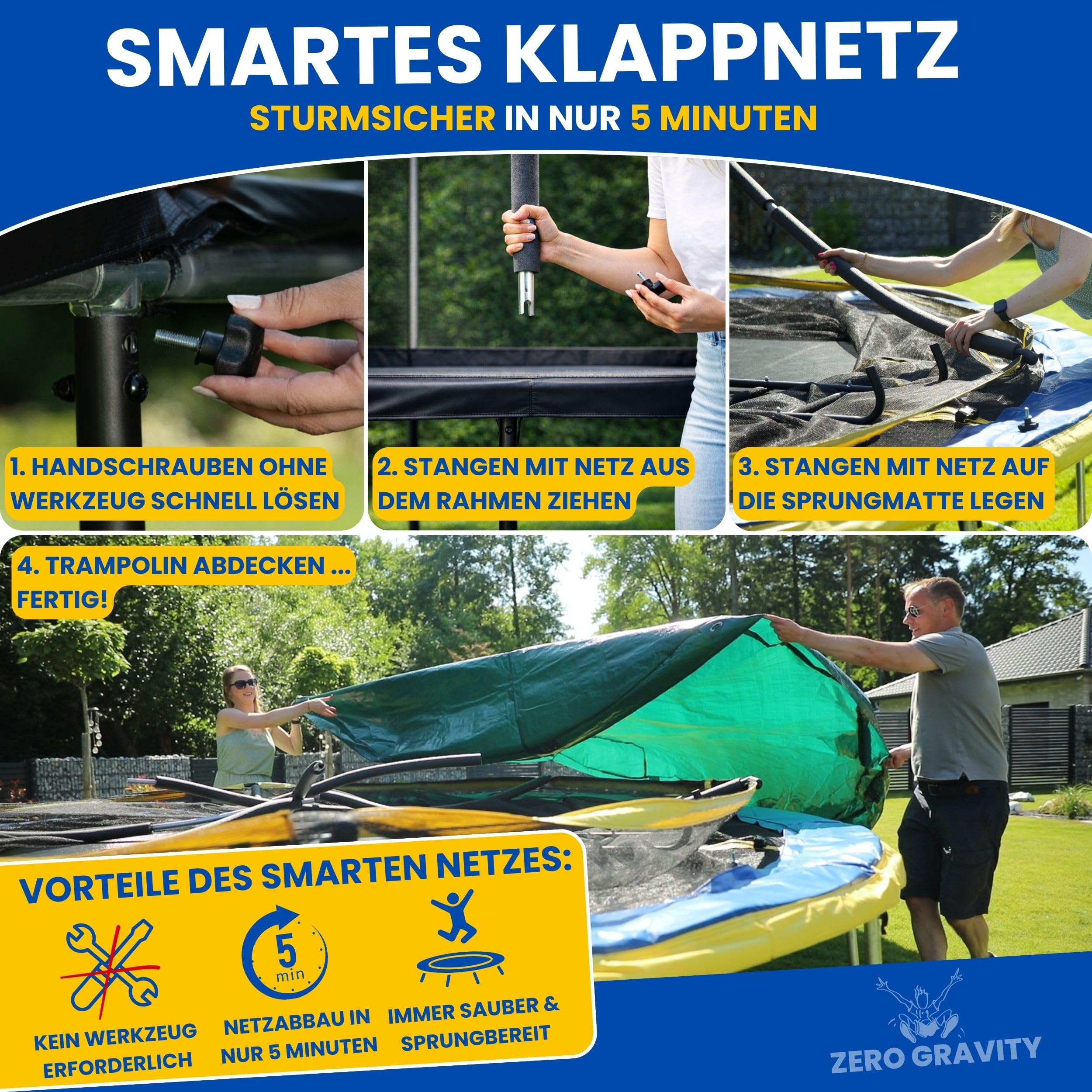 Zero Gravity Trampolin Outdoor Ø 183/244/305/366/427 cm, TÜV GS, Smartes Klappnetz für schnellen Auf- und Abbau, Outdoor Trampolin Komplett-Set inkl. Leiter, Aufbauvideo, Ultima 4 2