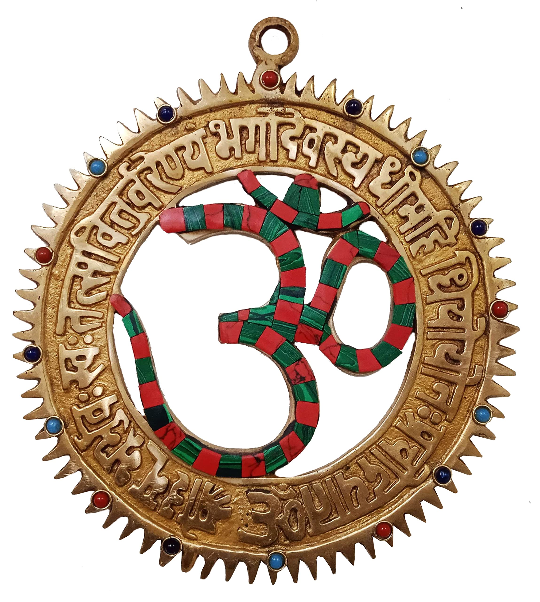 Purpledip Brass Wall Hanging Om Gayatri Mantra: Solid Metal Idol With Spectacular Gemstones (11092)