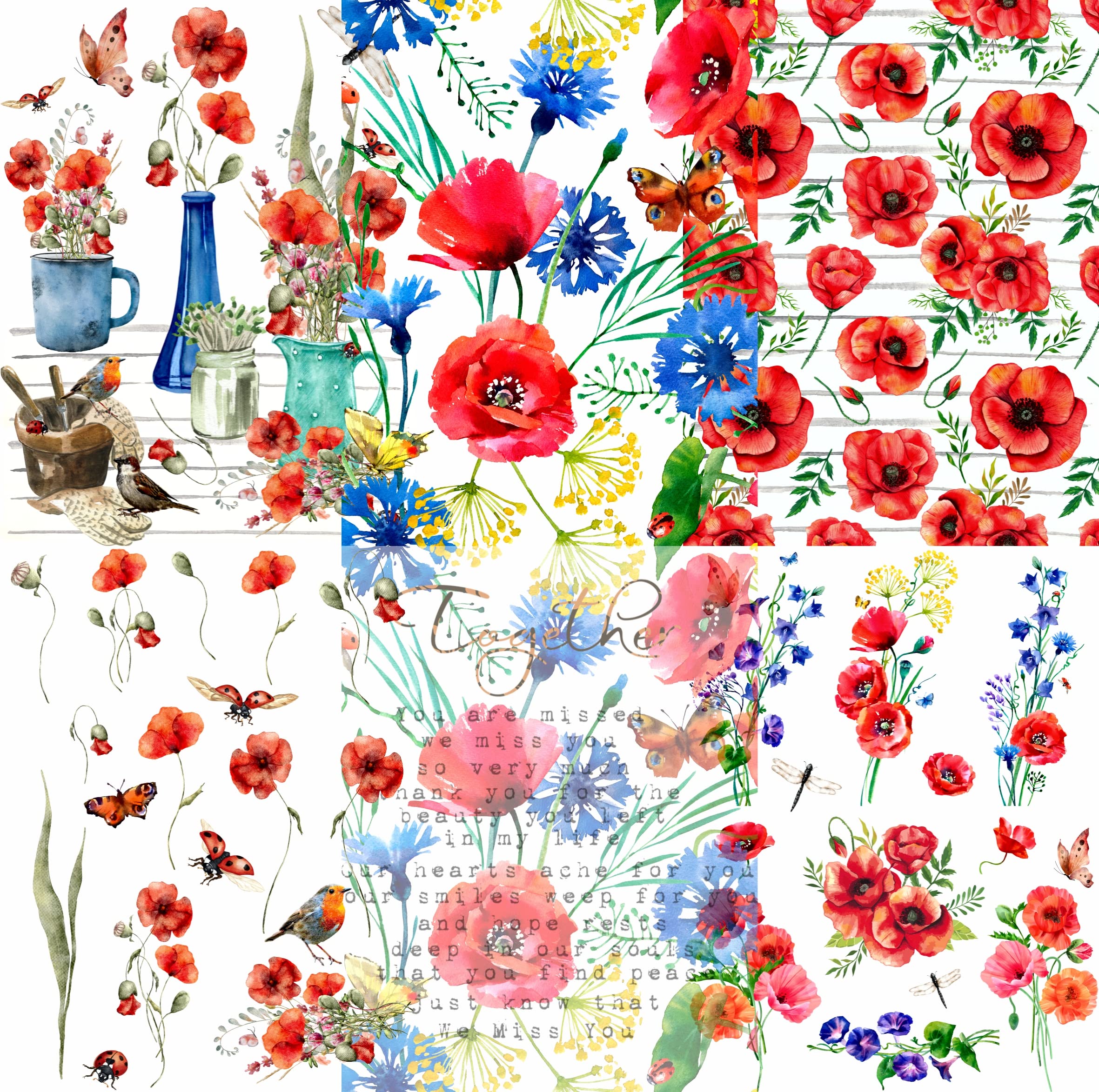Poppy Theme Mulberry Rice Paper, 20.5 x 26.5cm - 6 x Different Printed Mulberry Paper Images 30gsm Visible Fibres for Decoupage Crafts Mixed Media Collage Art