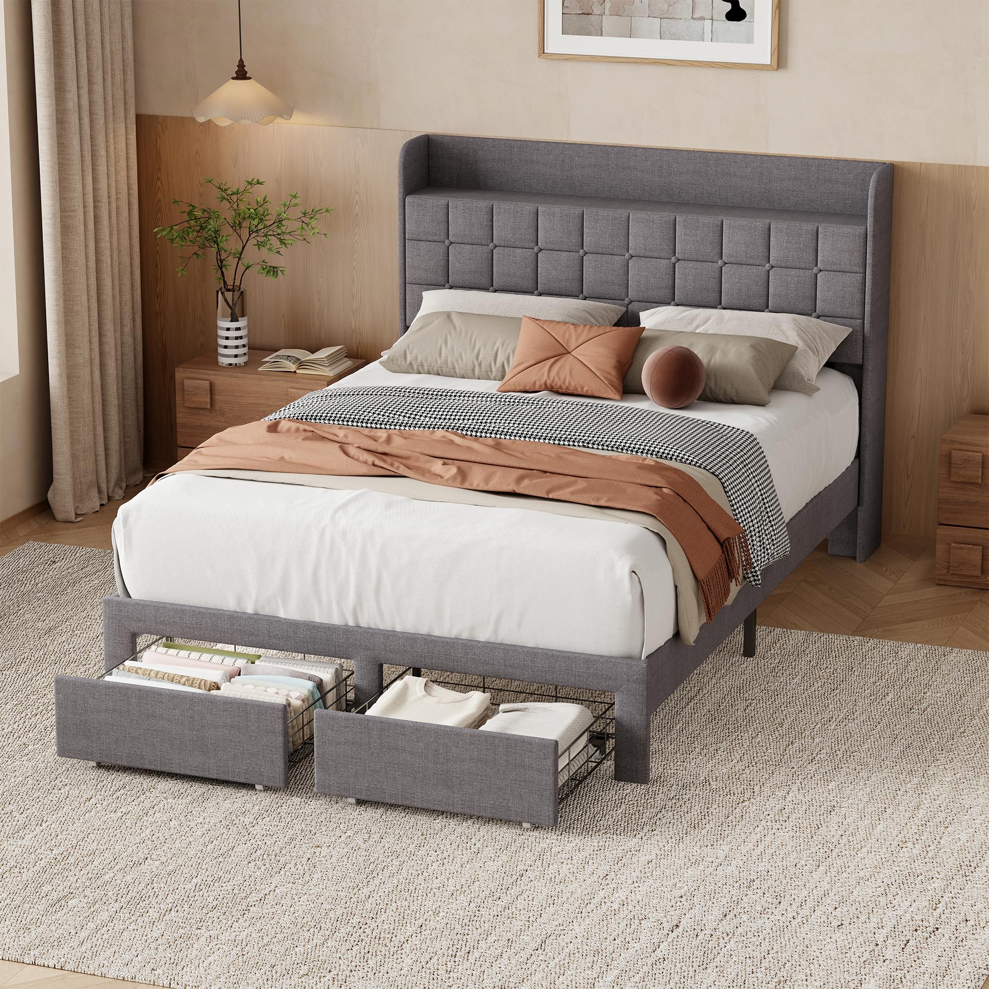 Photo 1 of ***MISSING ASSEMBLY HARDWARE*** DUMOS Upholstered Platform Bed Frame with Storage, Full Size Bed Frame with 2 Metal Baskets & Fabric Headboard, Wooden Slats Support, No Box Spring Needed, Easy Assembly, Bedroom Furniture, Gray