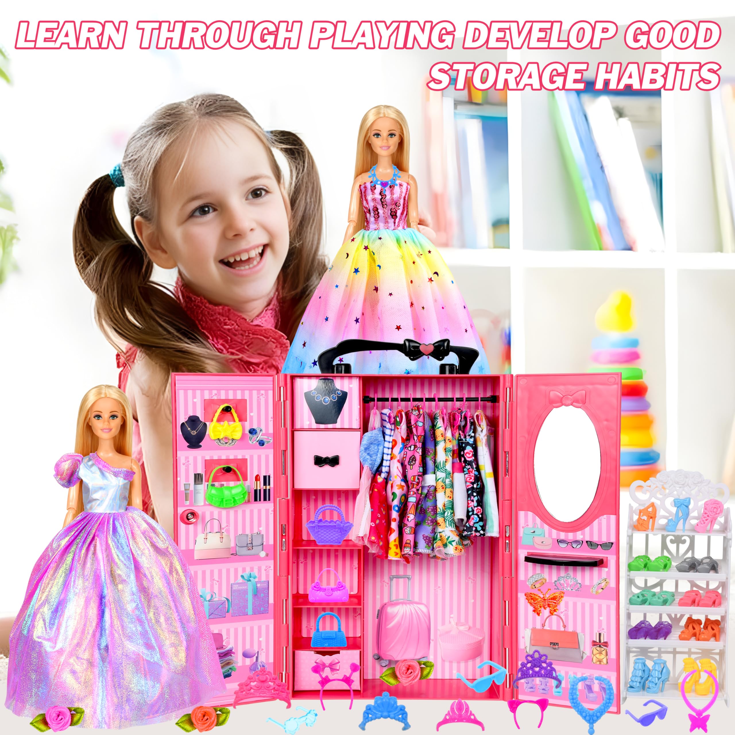 150 Pcs Doll Clothes and Accessories Playset with Dolls for Girls, Princess Gowns, Fashion Dresses, Swimsuits, Tops, Pants, Shoes, Bags Jewelrys in Closet for Doll Dress Up Fit for 11.5