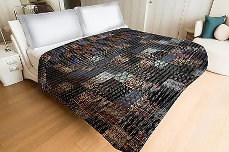 Black Color Silk Bed Cover Bedding Bedspread | Black Theme Silk Kantha Hand Stitch Patchwork Double BedCover/Quilt (220 cm x 270 cm) by Handicraft-Palace