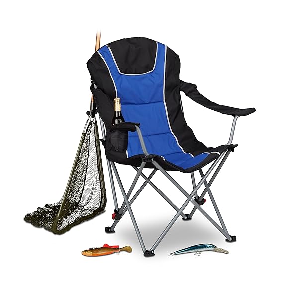 Relaxdays Campingstuhl faltbar, gepolsterte Lehne verstellbar, Anglerstuhl klappbar, HxBxT: 108x90x72 cm, blau-schwarz