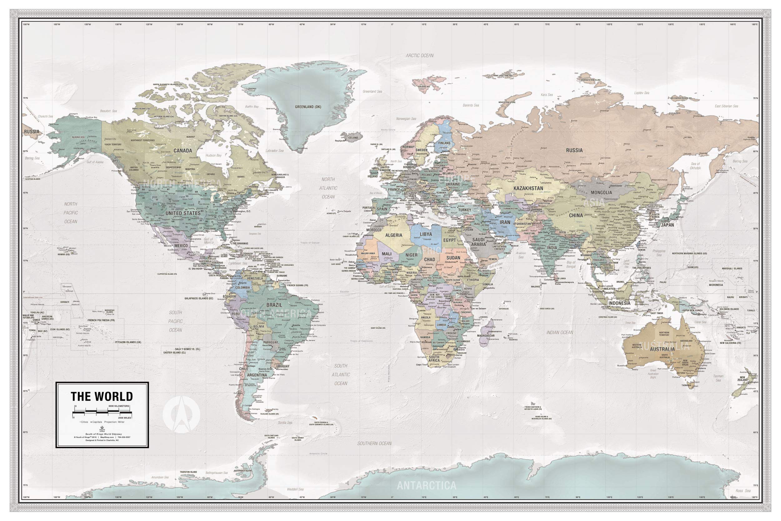 Laminated World Odyssey Map Poster | Executive Style Map | Includes The Most Legible Location Labels | 36'' x 24'' | Shipped Rolled in a Tube, Not Folded | Great for The Home or Classroom