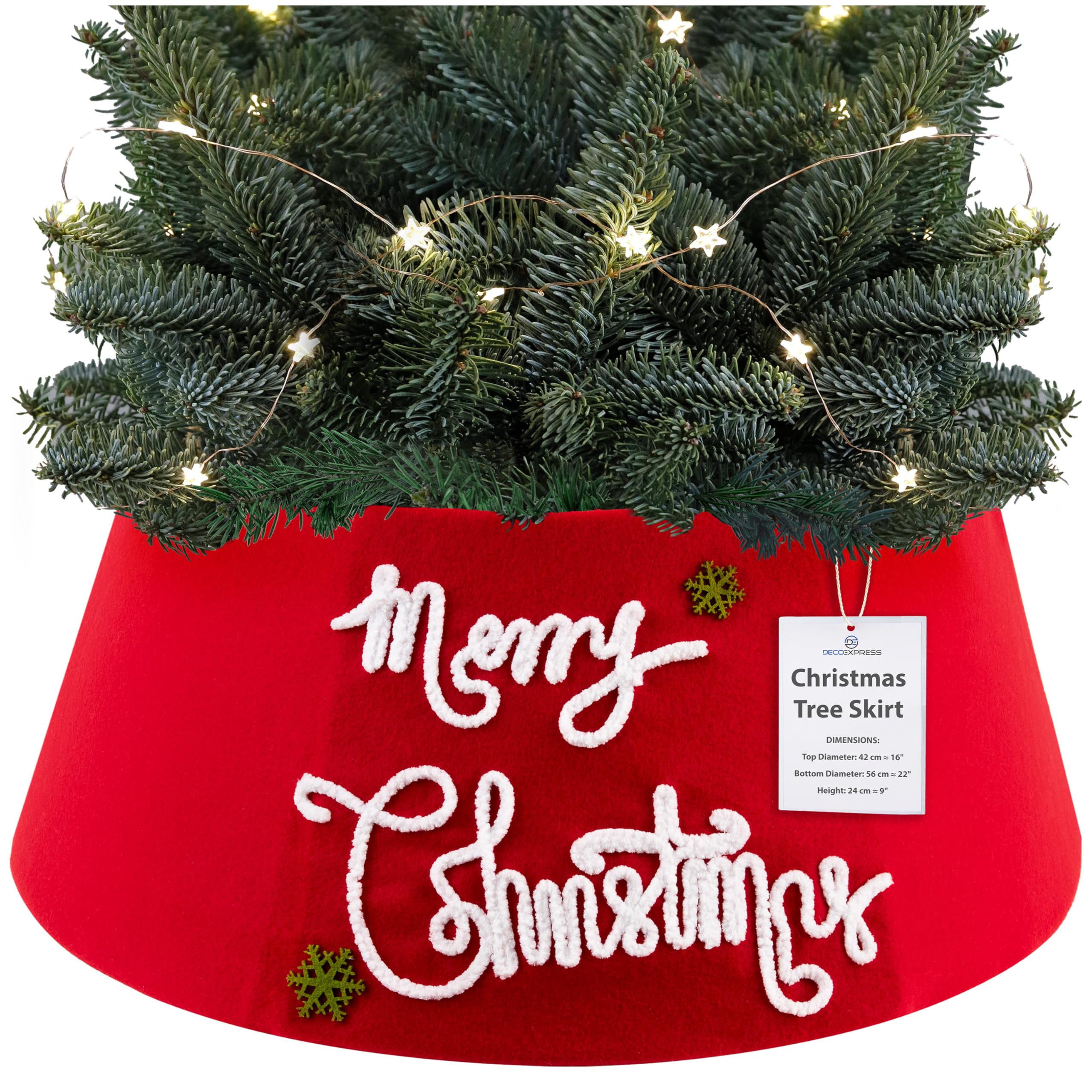 DECO EXPRESS Christmas Tree Skirt, Merry Red Tree Base Cover, Fun Collar for Christmas Decorations, Festive Decor for Xmas Party, 42cm x 24cm (Red Merry, Top 42cm/Base 56cm)