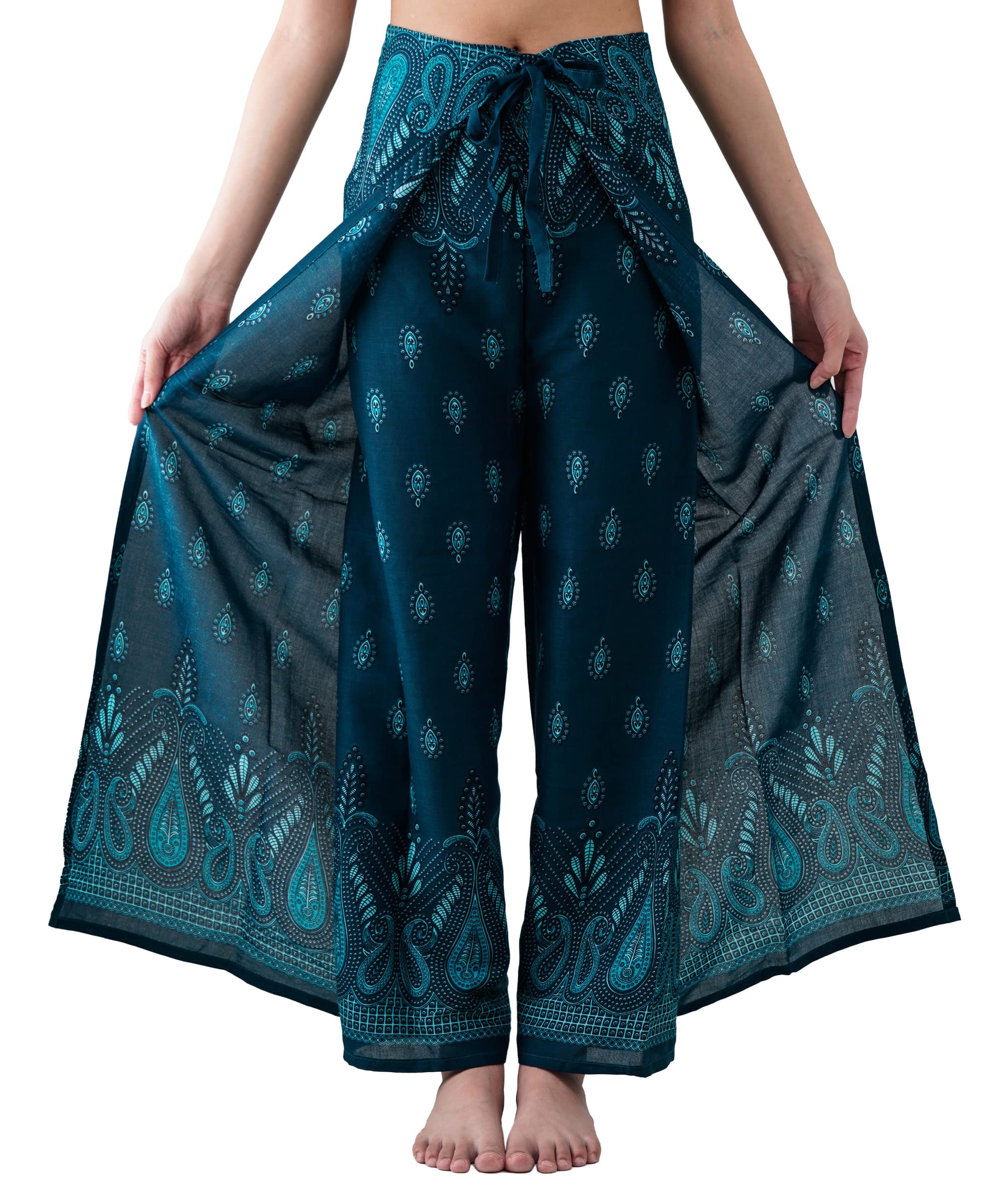 Photo 1 of B BANGKOK PANTS Women's Boho Palazzo Pants Wide Leg Yoga Wrap Tie Up Waist (One Size, Bohemian Green)