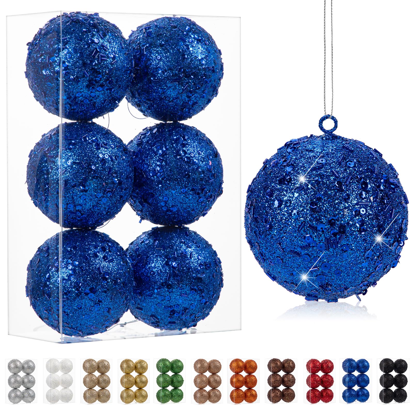 Oairse 10cm Large Christmas Bauble Ornaments 6 Pcs Shatterproof Big Blue Bauble for Xmas Tree Glitter Christmas Tree Ornaments for Halloween Holiday Wedding Party Decoration