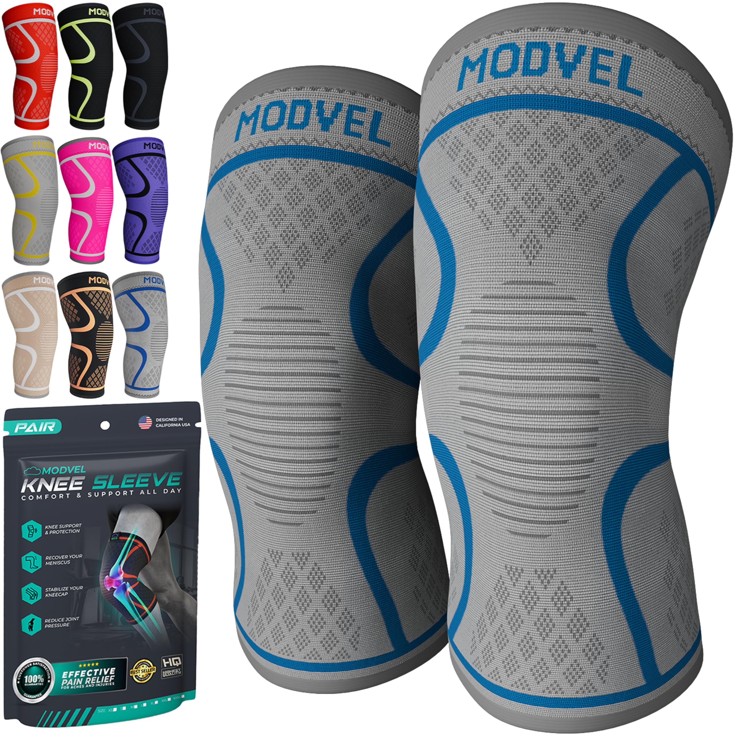 Modvel 2 Pack Knee Brace for Women & Men - Workout Knees Compression Sleeve for Knee Pain Relief Joint Support for ACL, Arthritis, Meniscus Tear Knees Brace for Sports, Rodilleras para Gym Fitness Image
