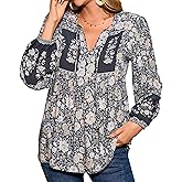 R.Vivimos Summer Boho Tops for Women 2026 Long Sleeve V Neck Floral Print Casual Loose Tunic Blouses Shirts
