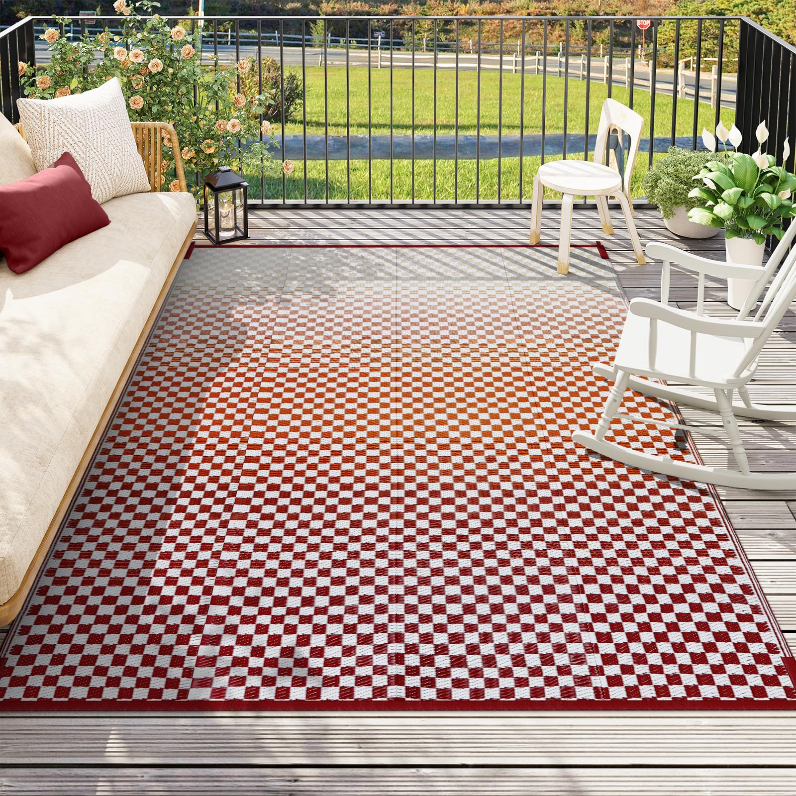 Photo 1 of Wonnitar Waterproof 8x10 Outdoor Rug - Orange Red Ombre Checkered Patio Rug, Large Reversible Outside Mat for RV Deck Balcony, Lightweight Colorful Outdoor Camping Carpet