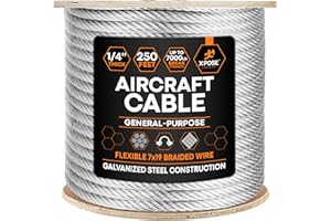 Xpose Safety 1/4" Galvanized Steel Aircraft Cable Wire – 250 ft Reel, 7x19 Strand, 7,000 lb Break Strength – for Pulley System, Winch, Marine, Deck Railing, Fencing, Zipline