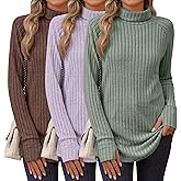 Ficerd 3 Pack Women's Turtleneck Long Sleeve Tunic Sweater Thumbhole, Ribbed Raglan Curved Hem Knit Shirts Loose Fall Winter