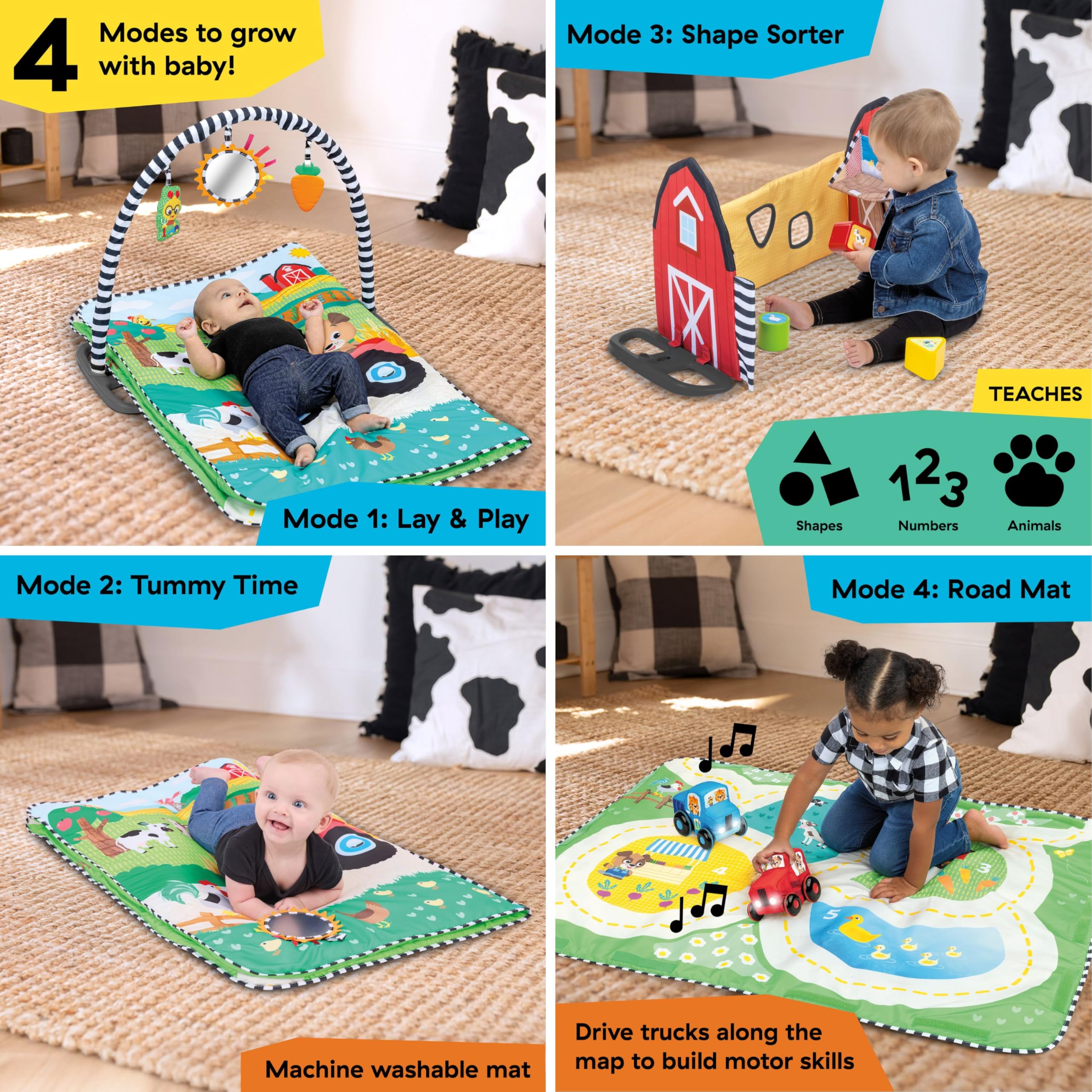 Baby Einstein Busy Barnyard Grow with Me Baby Play Gym - Extra Large Soft Play Mat with 8 Removable Toys Including 30+ Songs & Sounds to Support Motor Skills, Ages 0+ Months