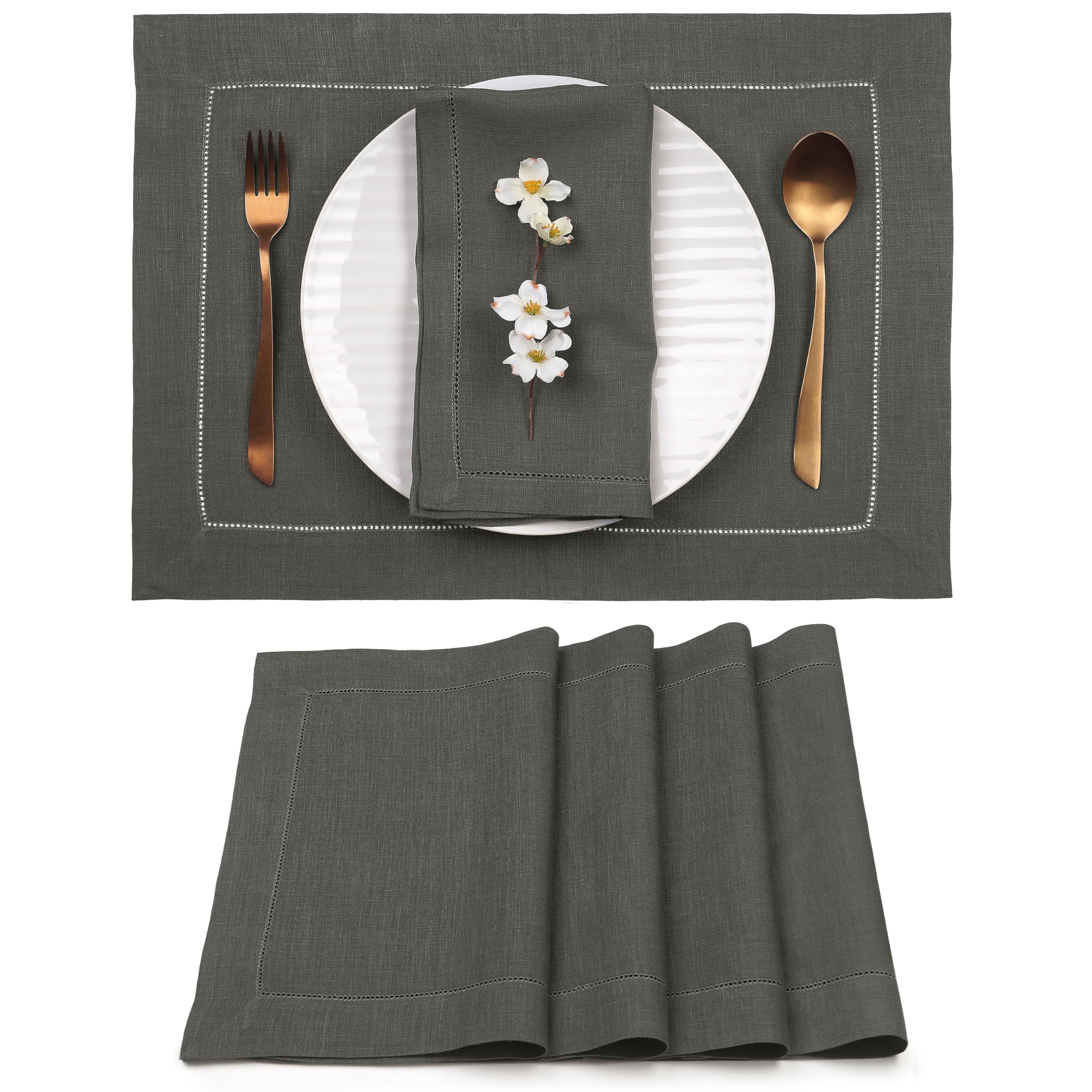 Photo 1 of D'Moksha Homes Linen Placemats Set of 4 - Classic Hemstitch Charcoal Grey Placemats 14 x 19 Inch - 100% Pure Linen Table Mats for Spring, Easter - Handcrafted and Machine Washable