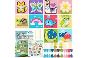 Pllieay 10-in-1 Cross Stitch Beginner Kit for Kids, Kids Embroidery Kit for Beginners Includes 10pcs Plastic Mesh Canvas with Different Pattern, 17 Colored Threads, Instructions for Christmas