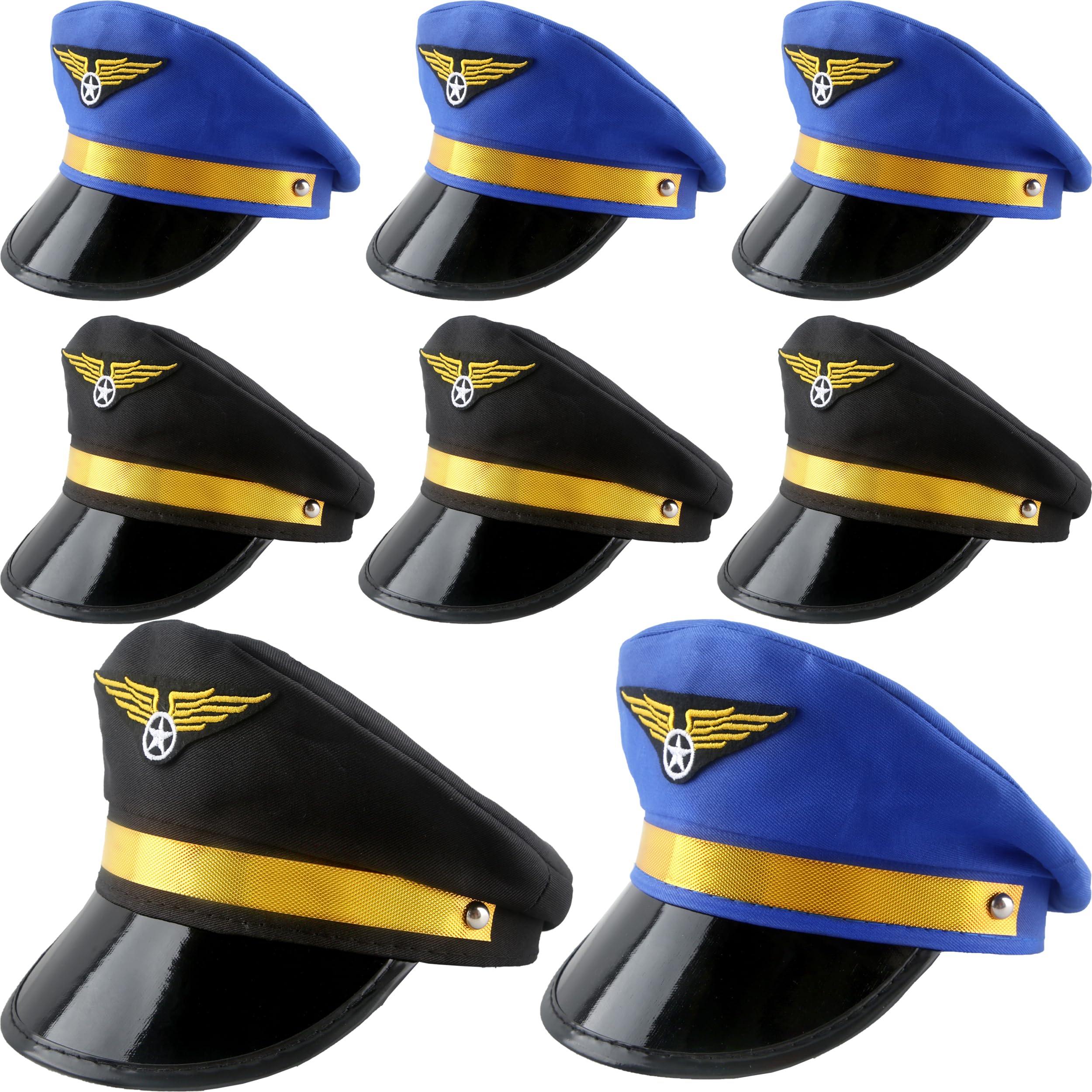 SGBETTER 8 Pack Kids Pilot Hats Airplane Captain Hat Airline Pilot Hat for Boys Girls Halloween Party Dress up Costume Accessories (Black, Blue)