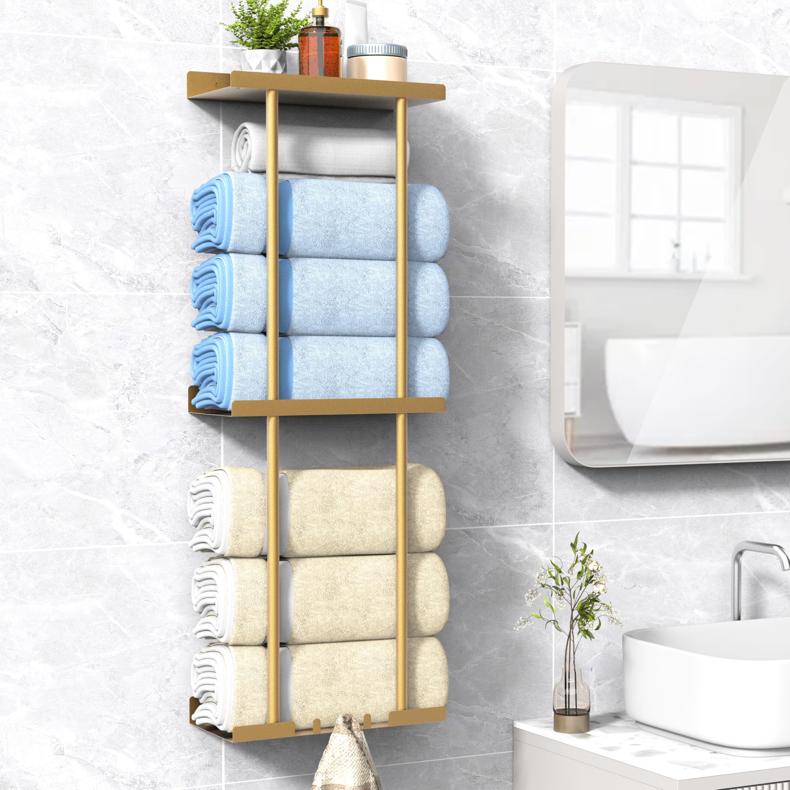 Photo 1 of ***MISSING PARTS***
Liuoud Towel Rack for Bathroom, Wall Mounted Vertical Rolled Towel Storage Organizer Holder with Shelf, Holds Up 6 Large Bath Sheets, Gold Large Size