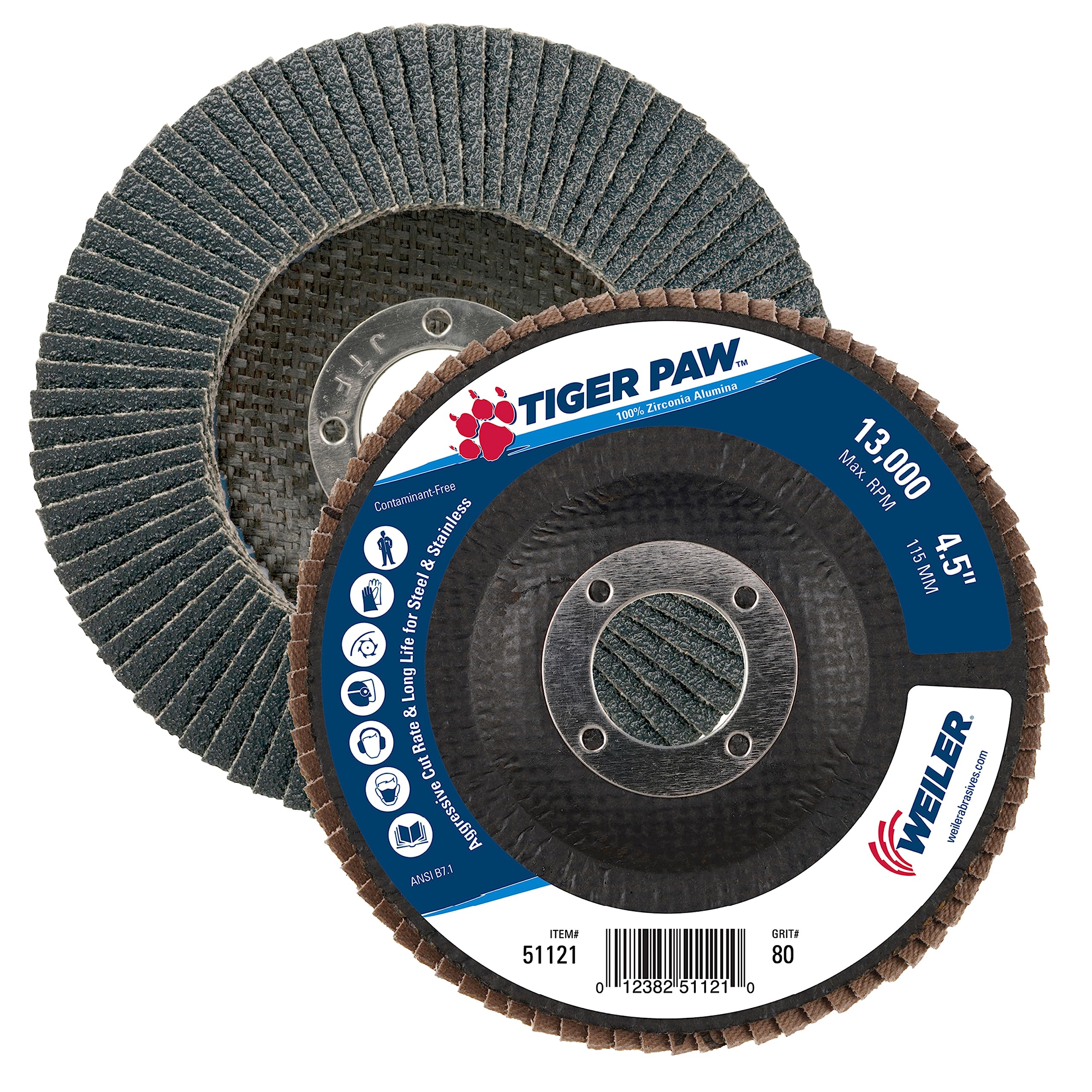 Weiler 51121 4-1/2″ Tiger Paw Abrasive Flap Disc, Angled (Ty29), Phenolic Backing, 80Z, 7/8″ Arbor Hole (Pack of 10)