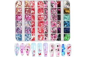AddFavor 4 Boxes Valentine Nail Glitter Mixed Shaped Pink Purple White Heart Flower Colorful Round Nail Sequins Lash Decals for Nail Art Decoration/False Eyelash Decor