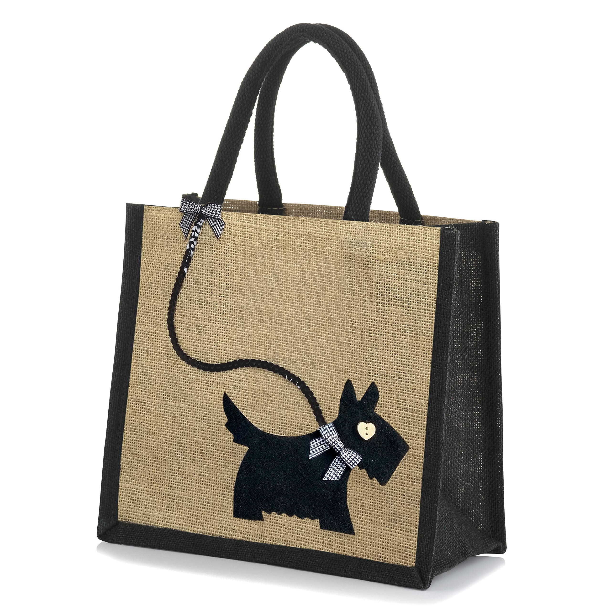 Natural Jute Hessian Lunch Gift Bag - Scottie/Westie Dog (Black on Black)