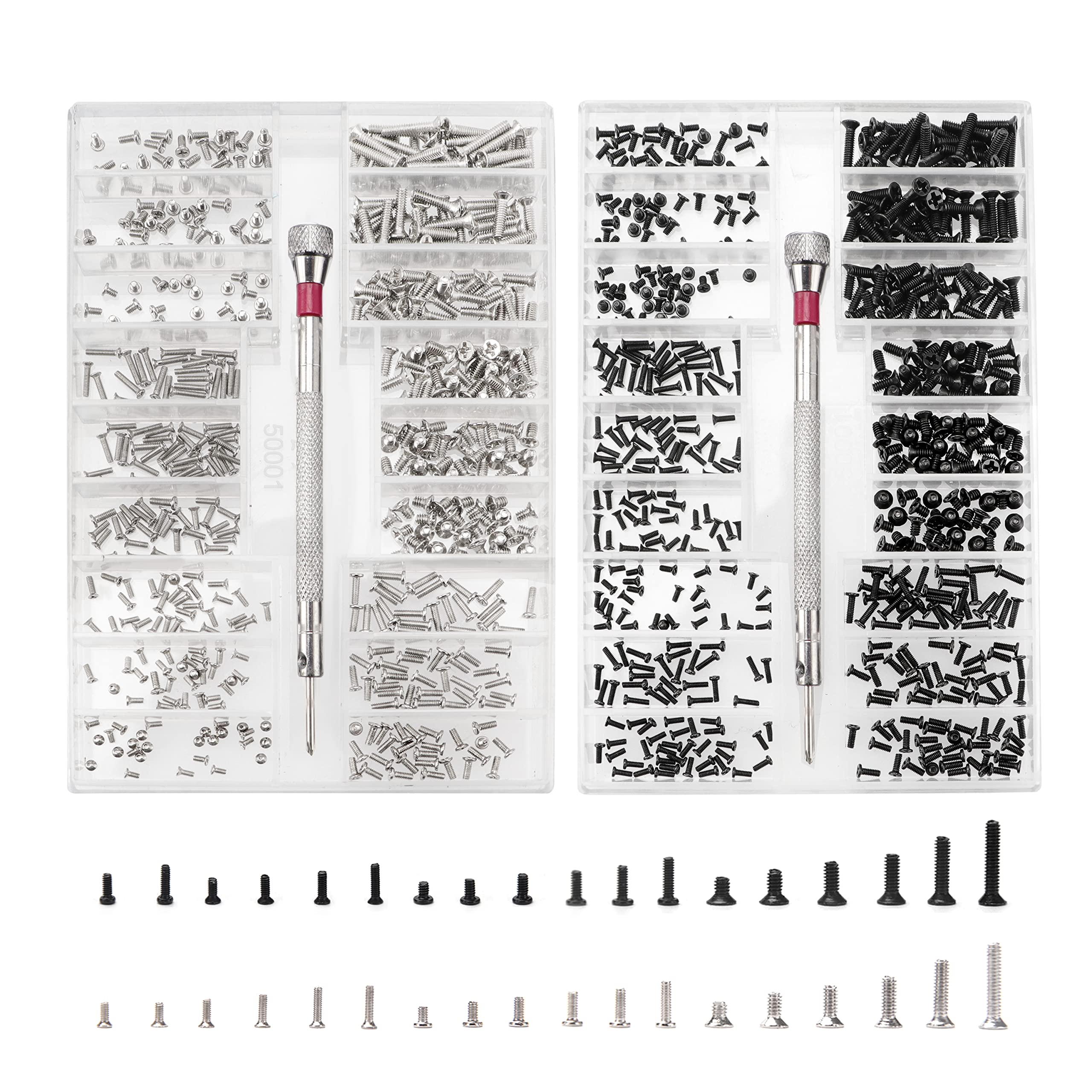 YIXISI 1000 PCS Tiny Micro Repair Screw Kit, M1.2 M1.4 M2 Watch Glasses Computer Replacement Screws Kit, Stainless Steel Tiny Screws with Screwdriver, Black and Silver