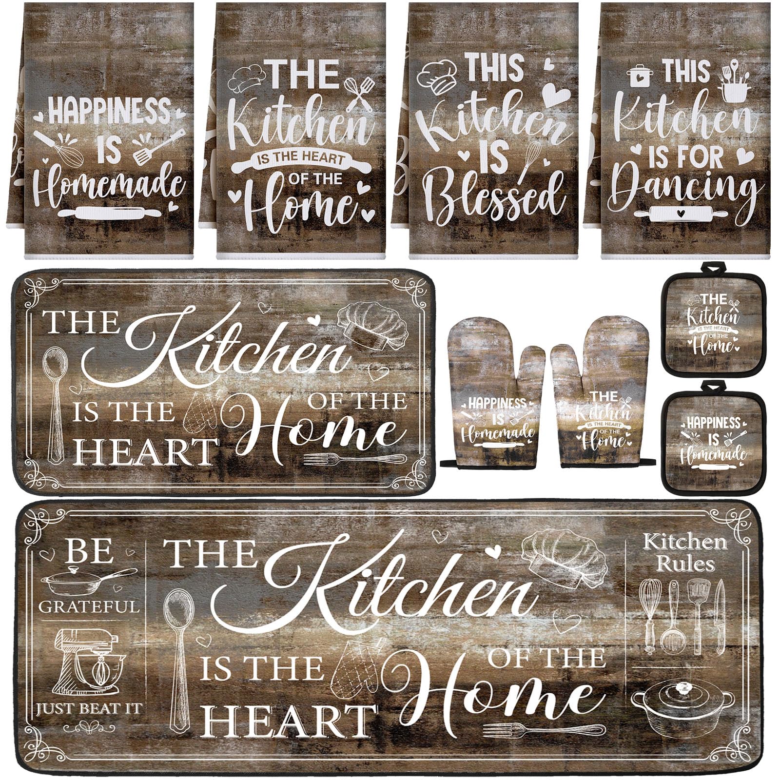 Photo 1 of Fourluoo 10 Pcs Farmhouse Home Kitchen Decor Set 4 Kitchen Dish Towels 2 Pot Holders 2 Oven Mitt Rustic Rug and Mat for Cooking Baking Daughter Mom Gift Decor(Brown Gray,Classic Style)