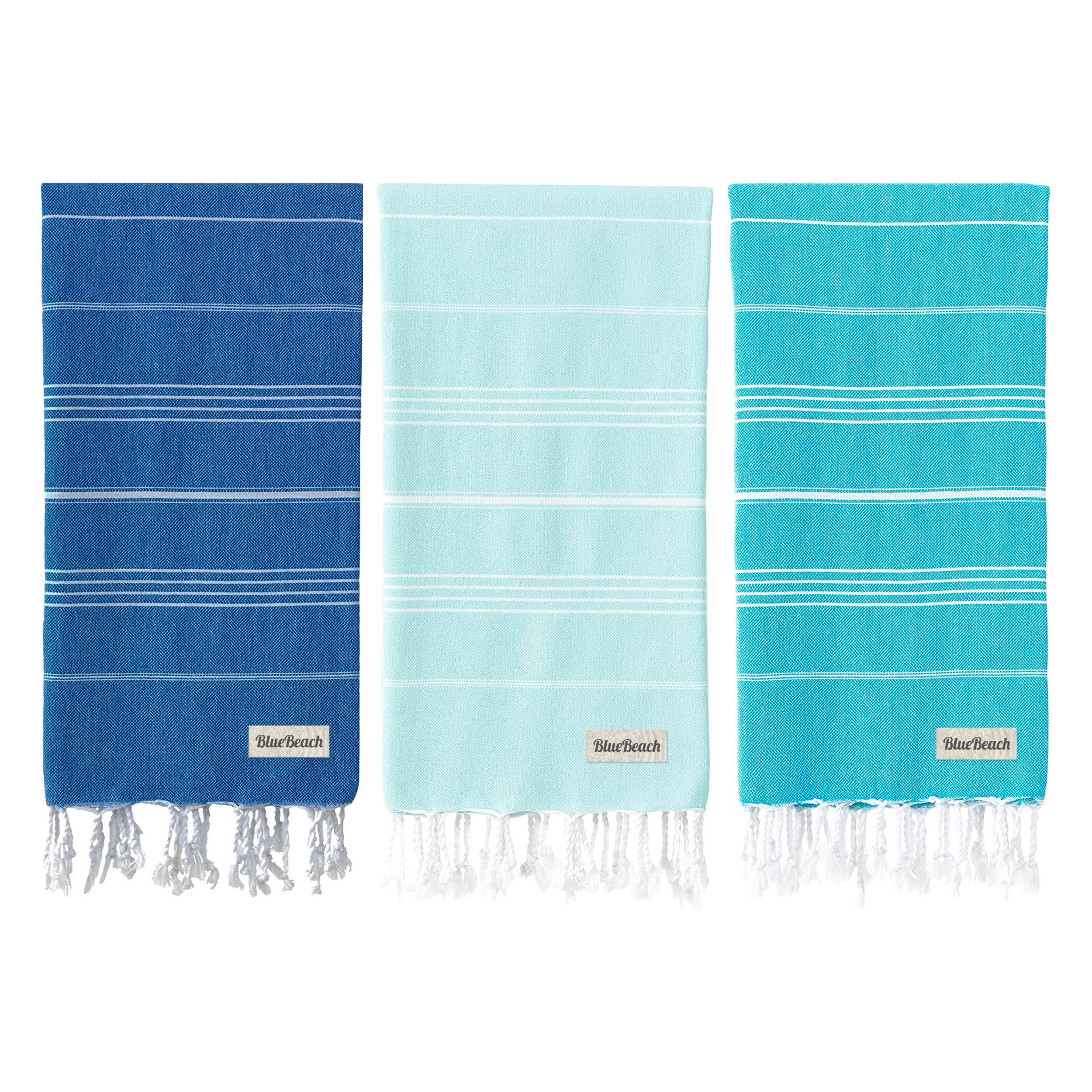 Blue Beach 3 Set Turkish Beach Towels-100x180cm Large Turkish Hammam Peshtemal Towel - Super Absorbent, Quick Dry, Lightweight, Compact for Swimming, Bath, Gym, Sauna and Travel (Blue,Turquoise,Mint) — image 1